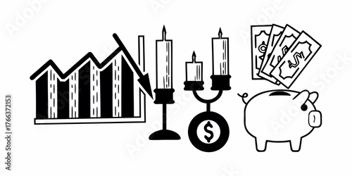 Illustration showing a financial chart with a downward arrow, candles, piggy bank and cash money