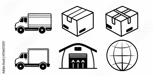 Illustration of delivery trucks, shipping boxes, warehouse and globe representing global logistics