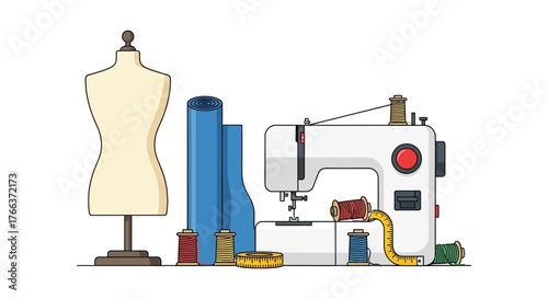 Creative tailoring tools including a sewing machine, mannequin, and colorful threads for fashion design