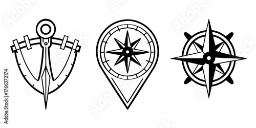 Three nautical themed icons featuring a divider, a map pin, and a compass rose in black outline