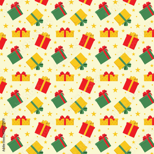 Colourful Christmas holiday seamless pattern with gift boxes. Xmas vector illustration.