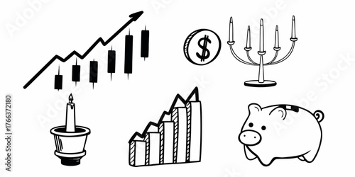 Illustration of stock market trends, piggy bank, coin, candle and candelabra on a white background