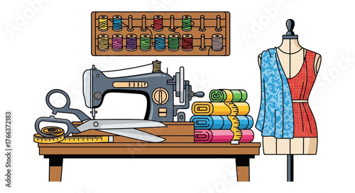 Sewing machine and colorful fabric on a table with a mannequin and thread spools