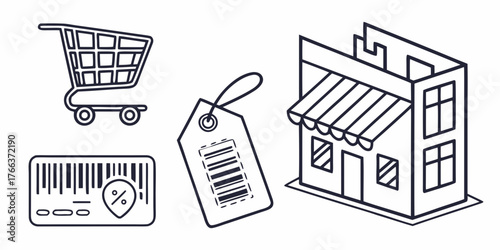 Illustration of a shopping cart, barcode, price tag, and a two story store building outline