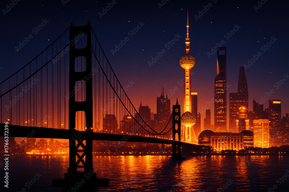 Naklejka premium Golden Gate style bridge silhouette at night over water with illuminated modern city skyline and tower reflected in orange lights, moody starry sky and calm riverfront atmosphere
