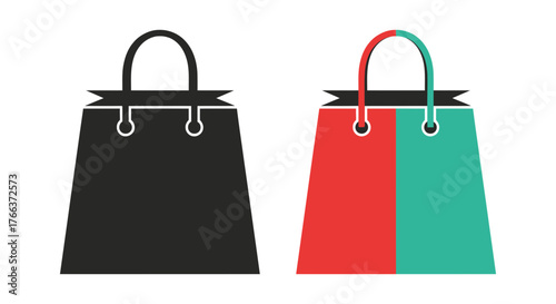 Two shopping bags, one black and one colorful, symbolizing commerce and consumerism.