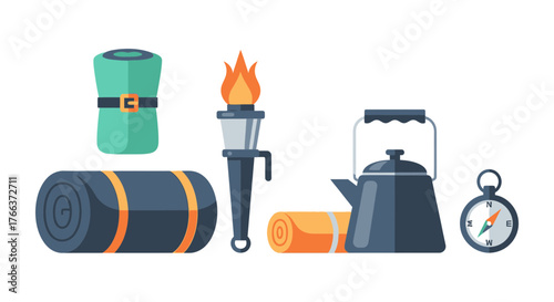 Essential camping gear including sleeping mats, a torch, kettle, and compass for outdoor adventures.