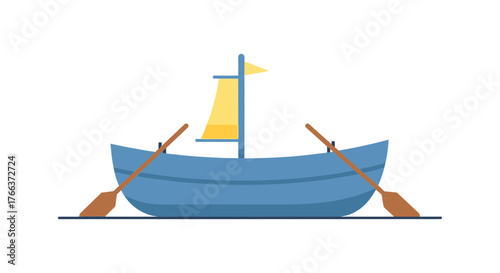 Simple blue rowboat with oars ready for a peaceful journey on the water