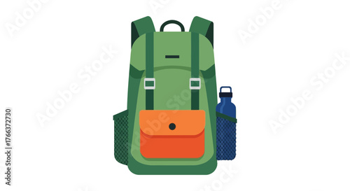 Green hiking backpack with orange pocket and water bottle, ready for adventure