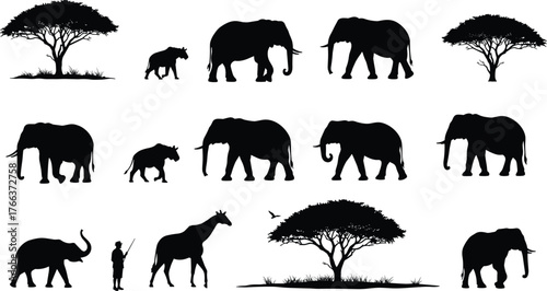 African wildlife silhouette with elephants, giraffe, rhinoceros, trees and nature landscape, safari animals scene illustration, jungle adventure concept art