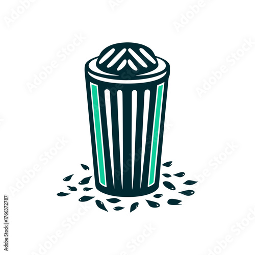 Overflowing Park Trash Can Illustration a forest green park trash can overflows on a pine field