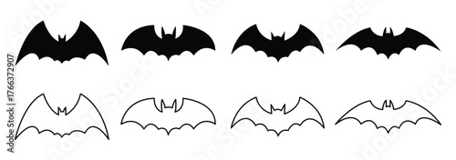 Halloween bat set, Collection of halloween bats silhouette vector of fill and outline. 
