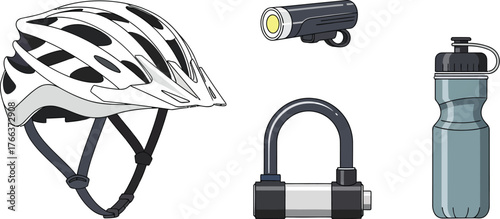 Bicycle equipment isolated on white background, including helmet, light, lock, bottle