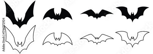 Halloween bat set, Collection of halloween bats silhouette vector of fill and outline. 
