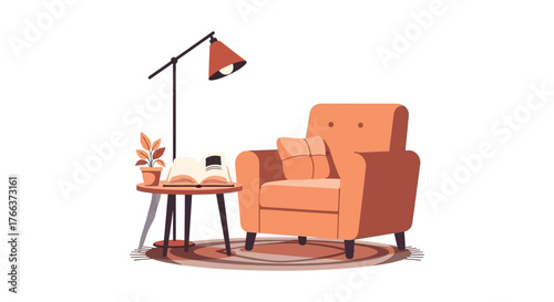 Cozy armchair with a lamp and book on a table isolated on white background