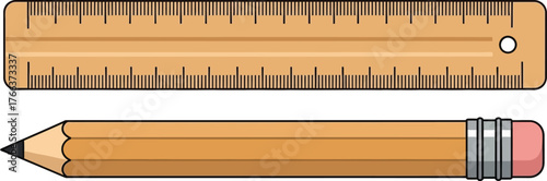 Pencil and ruler isolated on white background for drawing and measuring task