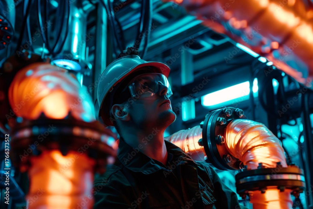 Naklejka premium Engineer inspecting industrial system pipes in factory setting