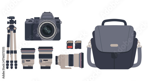 Camera equipment set isolated on white background for photography and videography