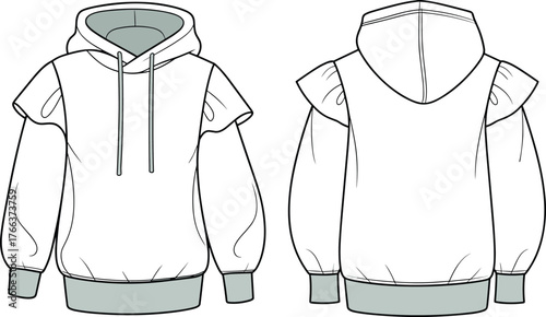 Fashion hoodie technical flat sketch, front and back view, puff sleeve design, ruffle shoulder detail, casual garment illustration, CAD drawing flat vector illustration