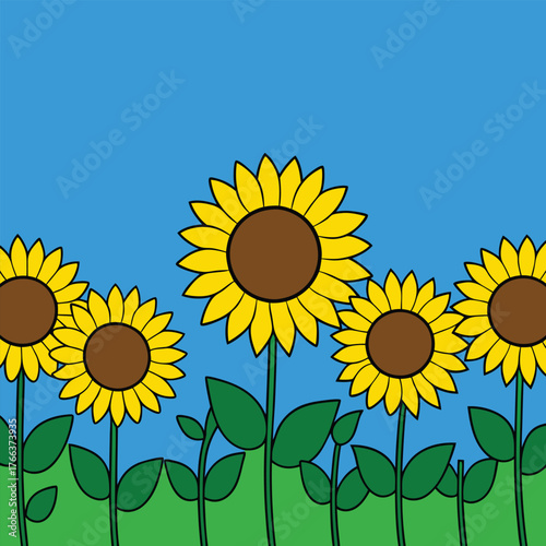 Bright yellow sunflowers bloom in a green field under a clear blue summer sky