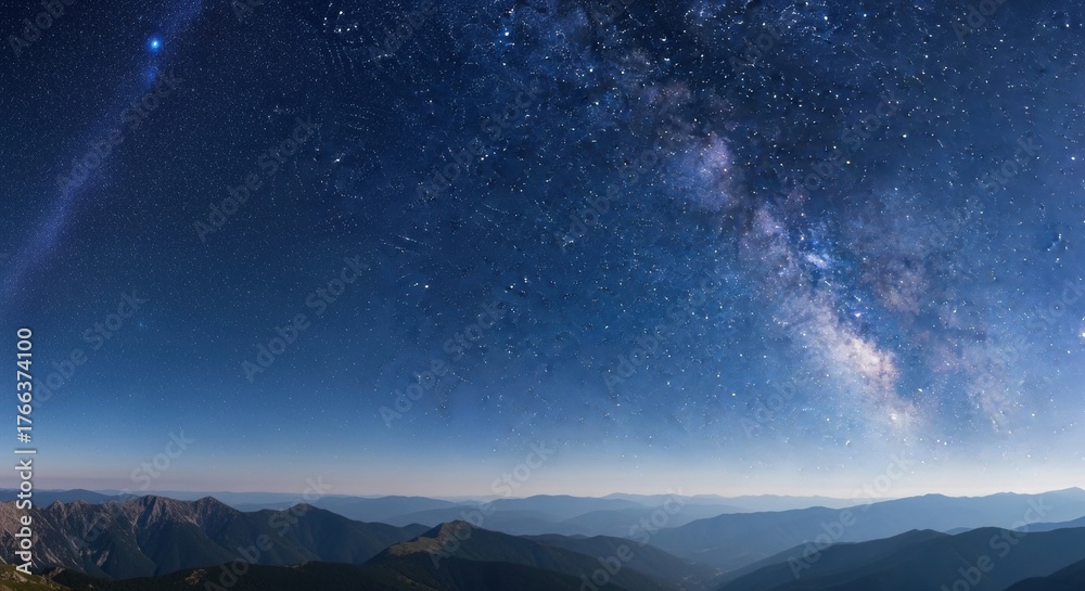 Naklejka premium Majestic Milky Way Panorama Over Mountain Ridges Under a Starry Night Sky