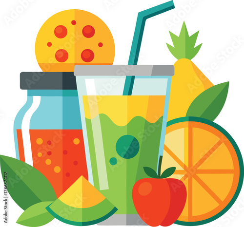 Fresh Fruit Juice and Smoothie Vector Illustration Colorful Healthy Drink with Tropical Fruits