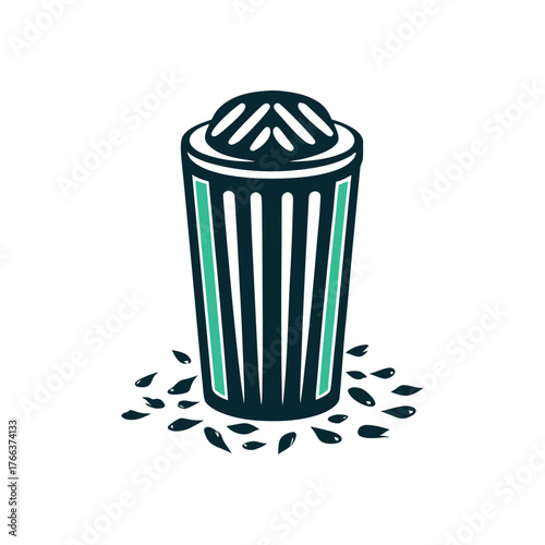 Overflowing Park Trash Can Illustration a forest green park trash can overflows on a pine field