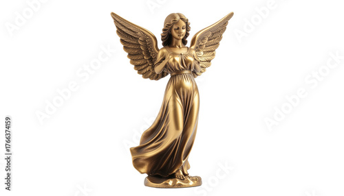 golden angel statue with outstretched wings and a serene expression, symbolizing peace, protection, and divine grace. a timeless symbol of spirituality. Isolated On Transparent and White Background