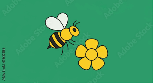 Bee flying near a yellow flower pollination process in nature.