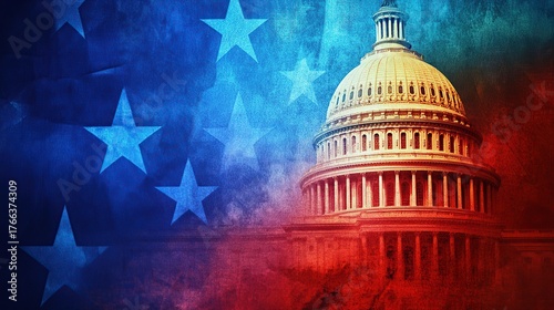 The image showcases the United States Capitol building, overlaid with an American flag design featuring stars and patriotic colors.