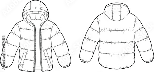 Hooded puffer jacket technical flat sketch, quilted winter coat design, fashion outerwear template, warm clothing illustration, cad drawing flat vector illustration