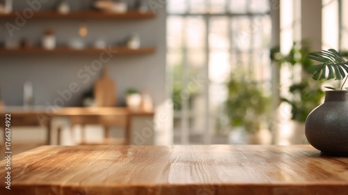 Wooden table with blurred background in a modern kitchen interior setting