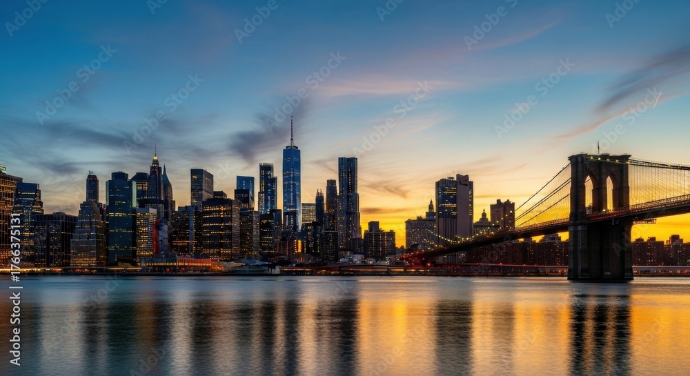 Fototapeta premium Manhattan Skyline and Brooklyn Bridge at Dusk: Golden Reflections on the East River