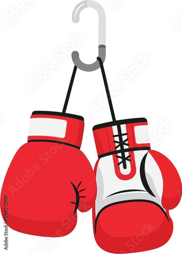 Pair of red boxing gloves hanging on hook isolated on white background