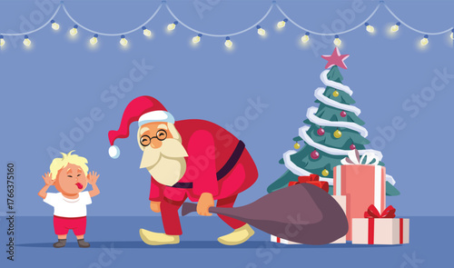 Rude Boy Acting Bratty with Santa Vector Illustration. Child being annoying and misbehaving in front of a tired Santa Claus 