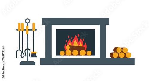Cozy fireplace with burning logs and tools isolated on white background