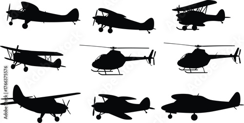 Aircraft silhouettes, airplane illustration, helicopter silhouettes, aviation design, biplane artwork, monoplane silhouettes, flying machines, aviation concept, aircraft artwork, aviation collection