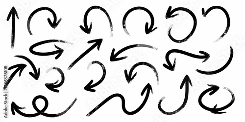 Collection of hand drawn black arrows with a grunge texture on a white background