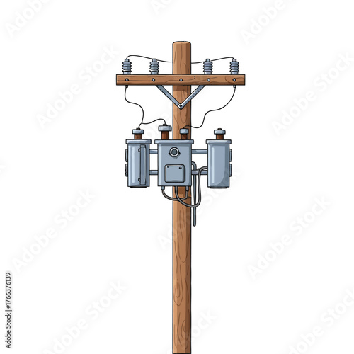 Illustration of an electricity pole with transformers and wiring, vector design on white