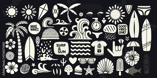Collection of hand drawn surf and beach elements including palm trees sun waves surfboards and summer icons