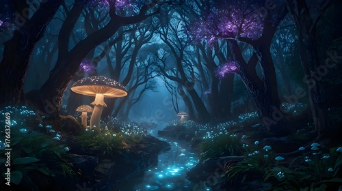 Bioluminescent fantasy forest with glowing trees and luminous mushrooms