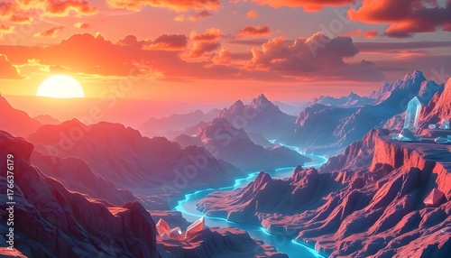 glowing crystal mountains with neon river under sunset sky