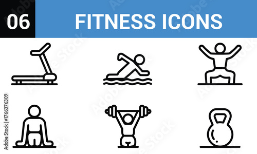 Set of six simple line art fitness and exercise icons
