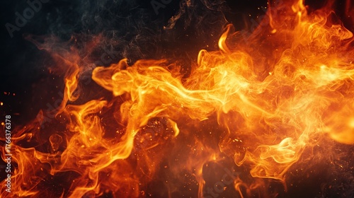 Dynamic flames of orange and blue consume the image, creating a dramatic and intense visual effect with swirling smoke and heat.