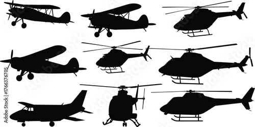 Aircraft silhouettes, airplane illustration, helicopter silhouettes, aviation design, biplane artwork, monoplane silhouettes, flying machines, aviation concept, aircraft artwork, aviation collection