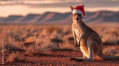 Kangaroo wearing Santa hat sitting on red desert ground at sunset symbolizing Christmas in Australia perfect for holiday travel visuals and global ads