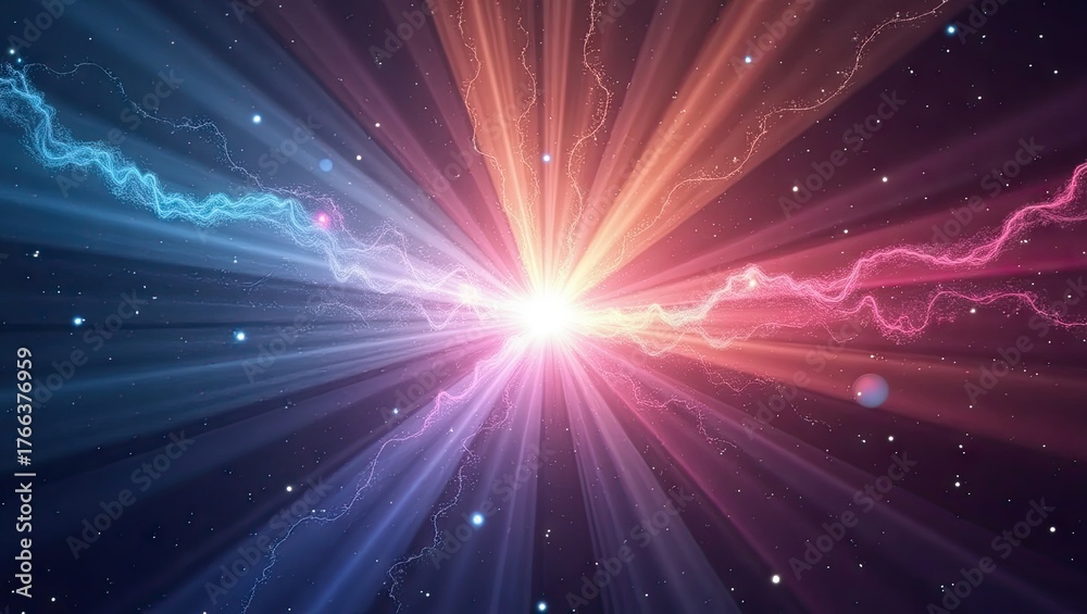 Obraz premium Brilliant and radiant light bursts from a central point, surrounded by flowing, electric energy and cosmic dust, creating an artistic and colorful abstract background with a feeling of space and...