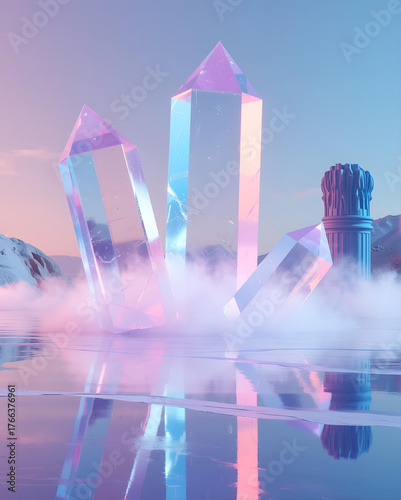 Wallpaper Mural A surreal landscape where giant, translucent crystals rise from a smooth, reflective surface, shimmering in iridescent colors. Wisps of neon mist swirl around, while ethereal shapes resembling ancient Torontodigital.ca