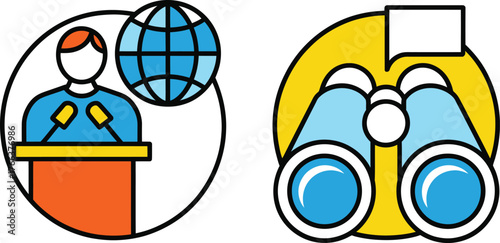 Global speaker and binoculars icon set for business and research