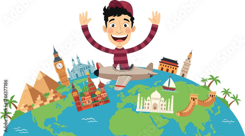Excited traveler flying around the world to visit iconic landmarks like the Taj Mahal, Great Wall, and pyramids for a global adventure